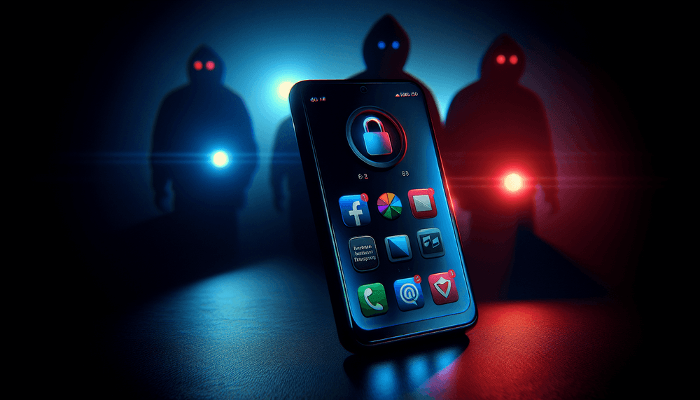 Smartphone showing Signal and WhatsApp apps with cybersecurity threat visualization