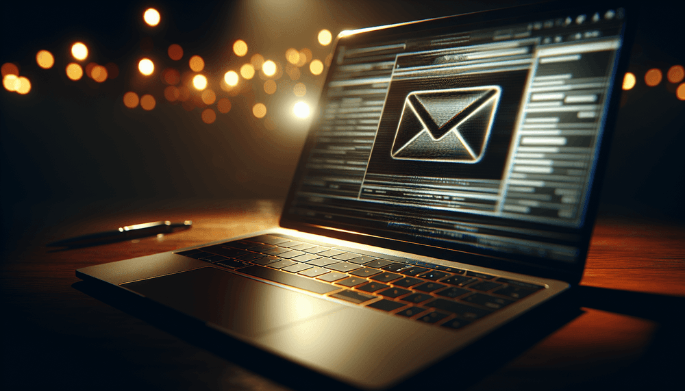 Laptop screen showing suspicious email with dramatic lighting and shadows
