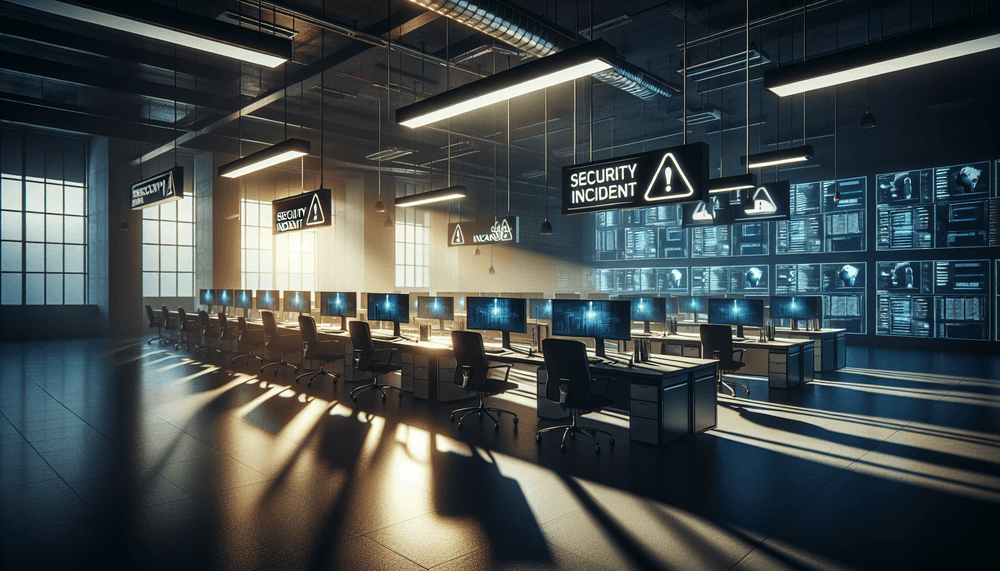 Corporate office with security breach warning, empty workstations in dramatic lighting
