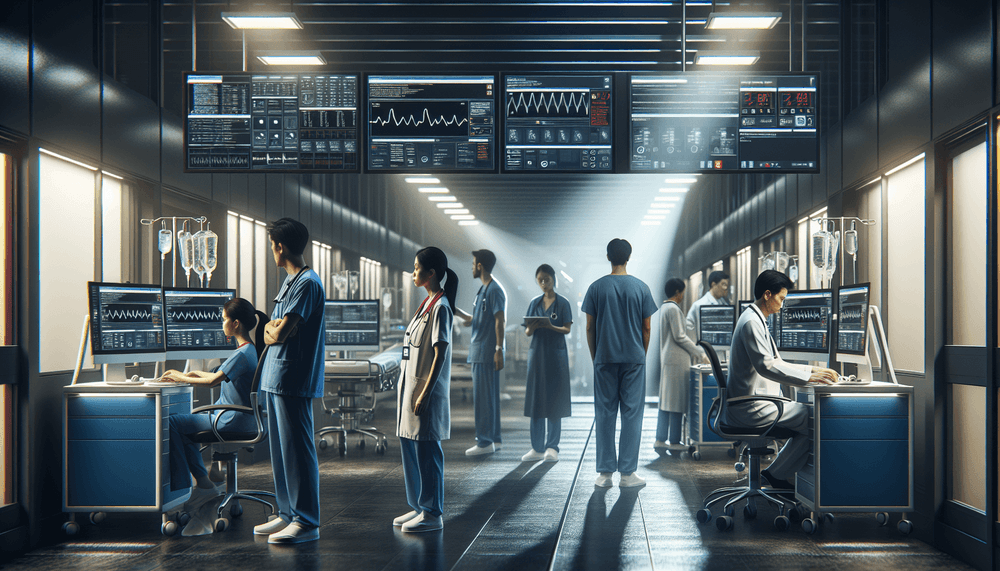 Hospital corridor with medical equipment and computer systems affected by cyberattack