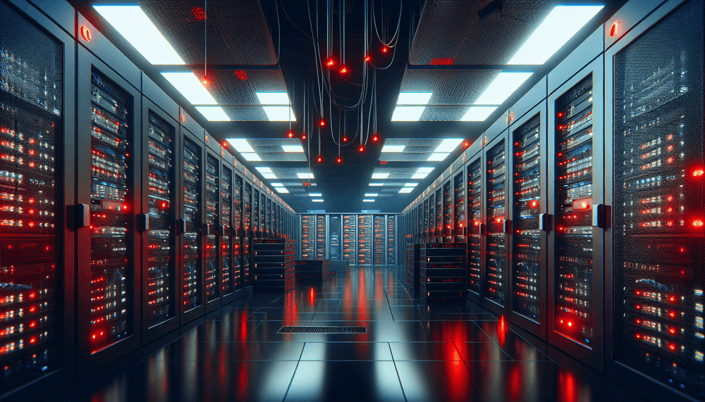 Corporate data center with red warning lights indicating security breach