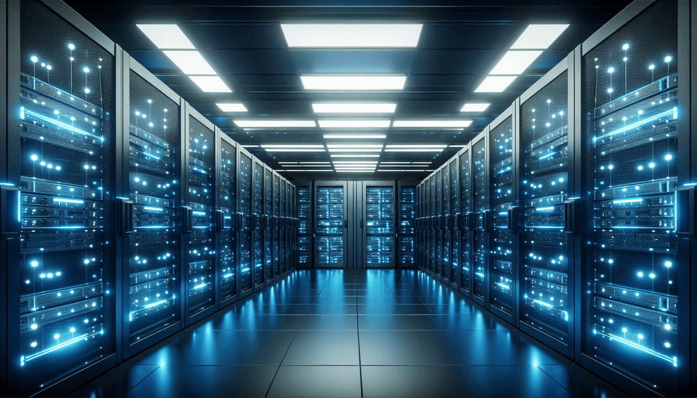 Server room with backup storage systems and security monitoring displays