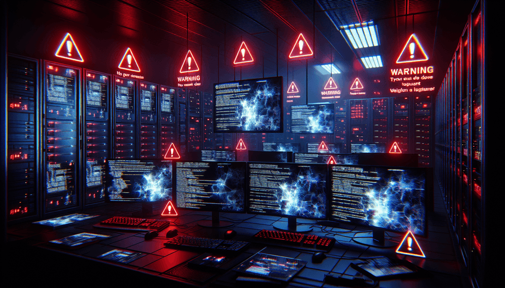 Computer screens showing corrupted wiki pages with malicious JavaScript code in dark server room