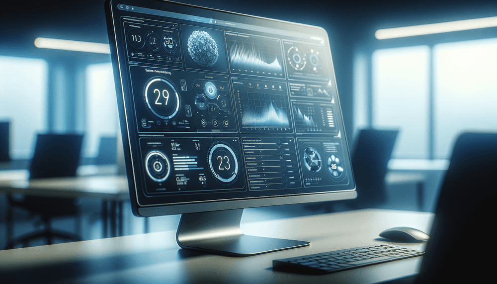 Computer monitor showing Windows 11 system monitoring interface with performance graphs