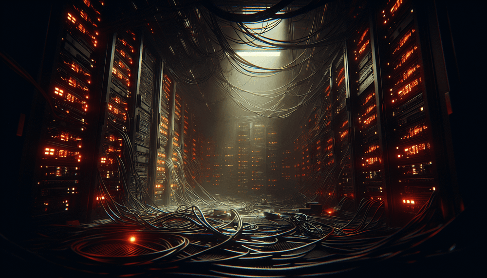 Dark server room with red warning lights and code displays