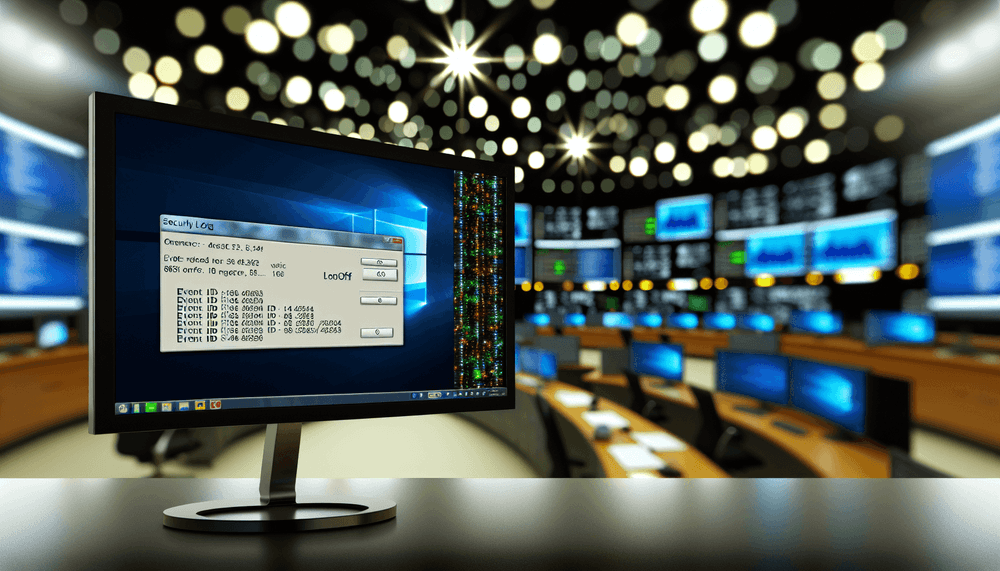 Windows Event Viewer displaying security audit logs with Event ID 4634 logoff events on a SOC monitoring dashboard