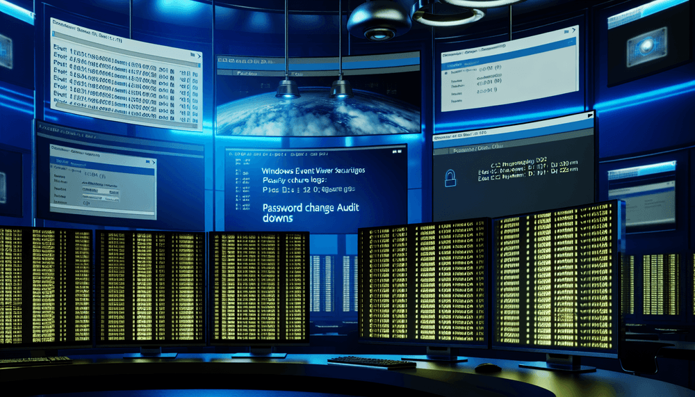 Windows Event Viewer Security log displaying Event ID 4723 password change audit entries on a cybersecurity monitoring dashboard