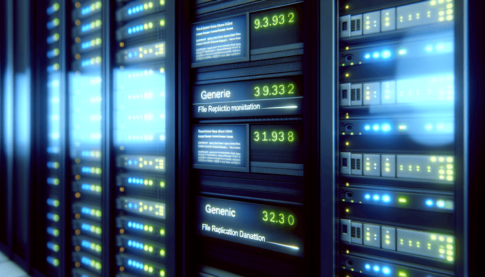 Windows server monitoring displays showing file replication status in a professional data center environment