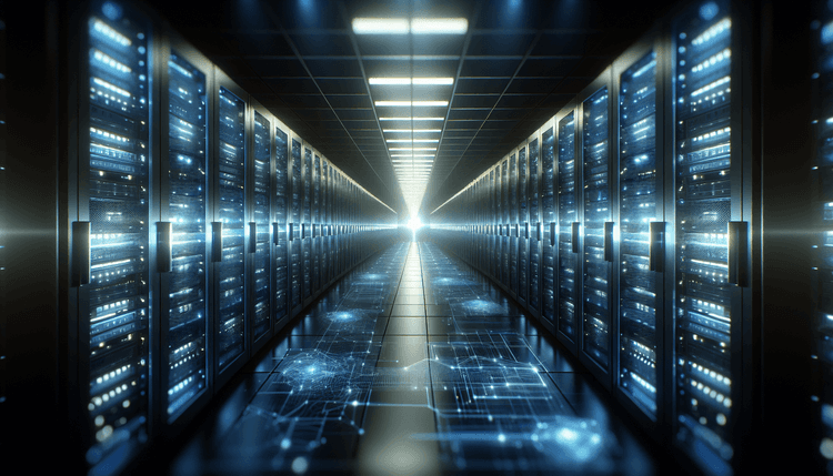 Modern data center servers with blue lighting and digital security visualization effects