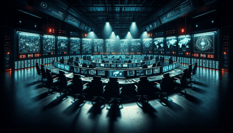 Dark military command center with glowing red warning indicators on multiple computer screens