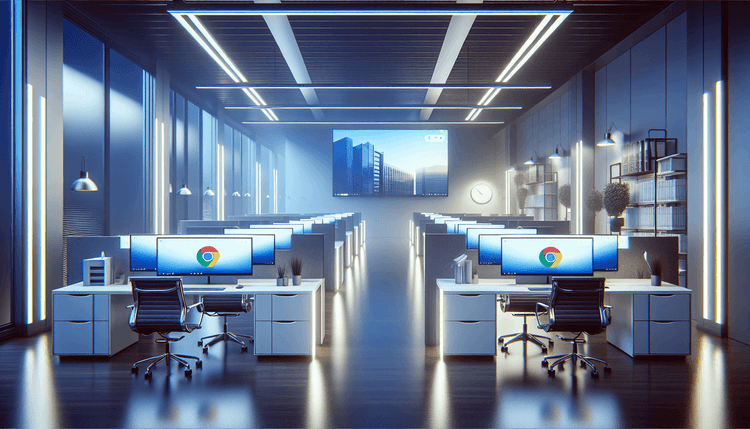 Écrans d'ordinateur affichant l'interface du navigateur Chrome dans un bureau moderne