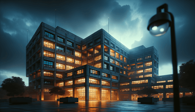 Government building exterior at dusk with illuminated windows and security camera