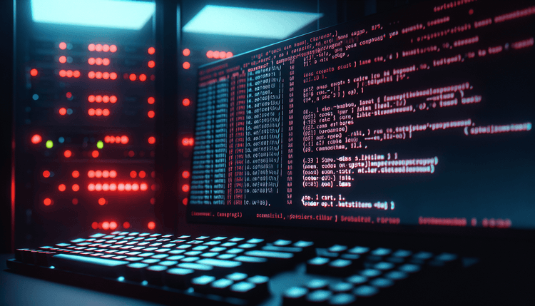 Cracked computer terminal screen with Linux commands in dramatic lighting