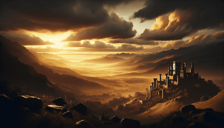 Fantasy landscape with medieval ruins under dramatic cloudy sky