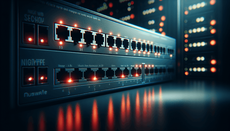 Enterprise network switch with red warning lights in dark server room