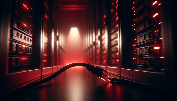 Server rack with red emergency lighting and unplugged network cable