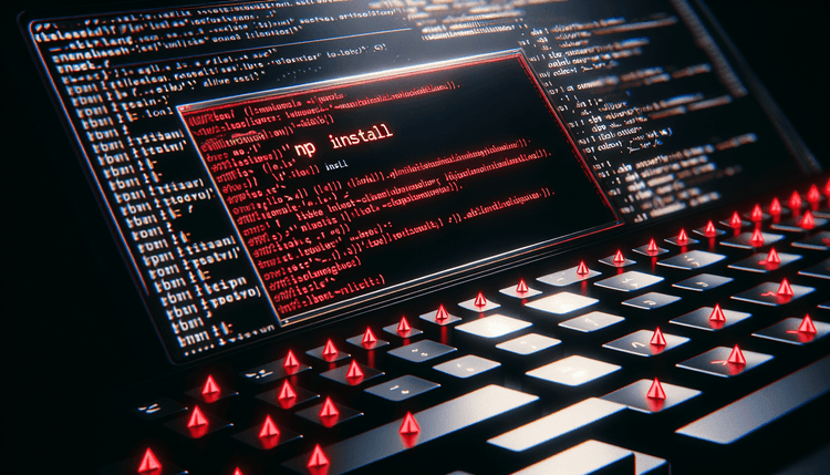Terminal screen showing npm package installation with warning indicators and keyboard in shadow