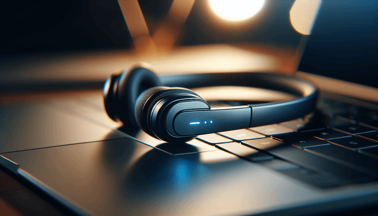 Wireless Bluetooth headset on laptop keyboard with glowing blue indicator light