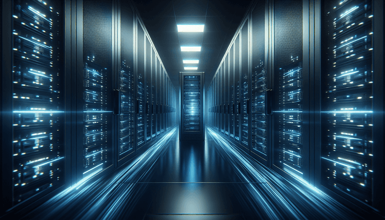 Modern data center servers with blue LED lighting representing AI model efficiency