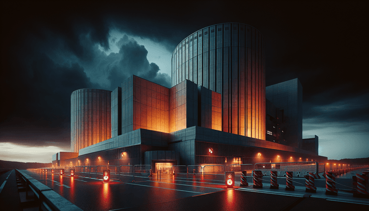 Nuclear research facility exterior with security barriers and warning lights at dusk