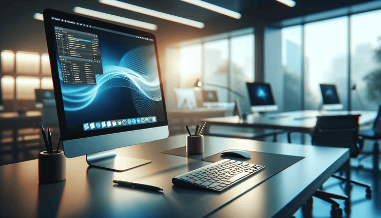 Modern Windows desktop workspace with keyboard and multiple application windows