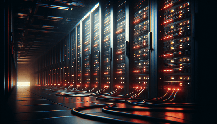 Dark server room with red warning lights and blinking network equipment indicating cyber security threat