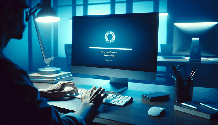 Computer screen showing Windows 11 update progress with user hands on keyboard