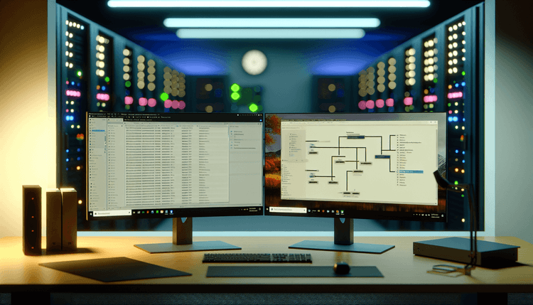 IT administrator configuring Group Policy Objects on dual monitor setup