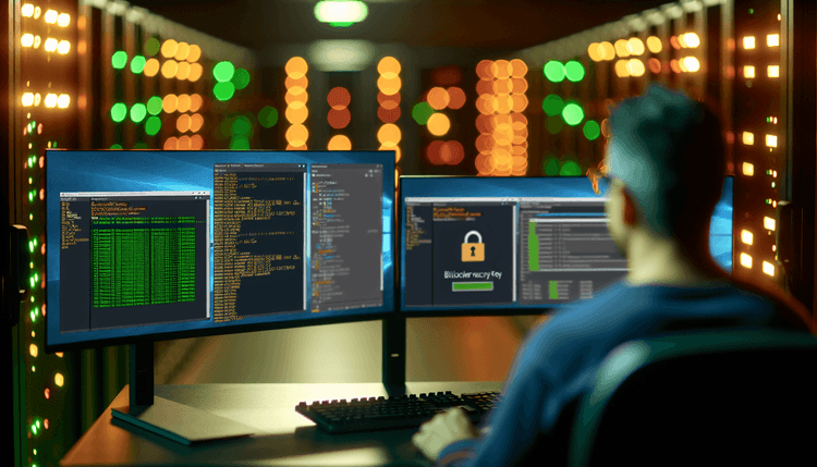IT administrator running BitLocker PowerShell export script on dual monitors