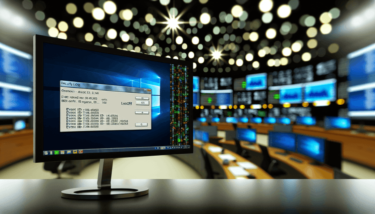 Windows Event Viewer displaying security audit logs with Event ID 4634 logoff events on a SOC monitoring dashboard