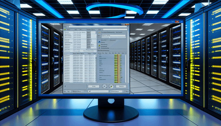 Windows Services management console and Event Viewer displaying service monitoring information on server room monitors