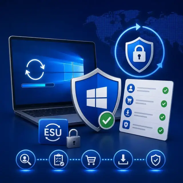 Windows 10 Extended Security Updates enrollment, with a secured laptop, update progress, eligibility checks, purchase.