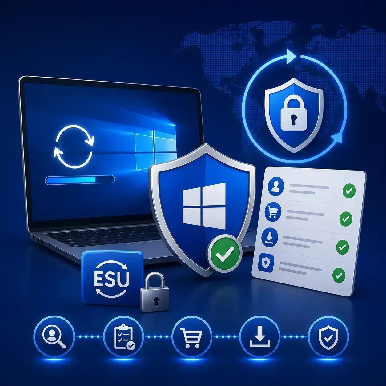 Windows 10 Extended Security Updates enrollment, with a secured laptop, update progress, eligibility checks, purchase.