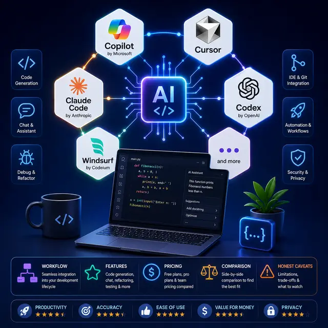AI coding assistants, including Copilot, Cursor, Claude Code, Codex, and Windsurf, with feature, integration, pricing.