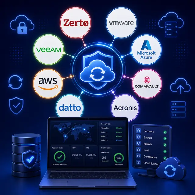 Zerto, VMware, Veeam, Microsoft Azure, AWS, Commvault, Datto, and Acronis, with backup, failover, recovery.