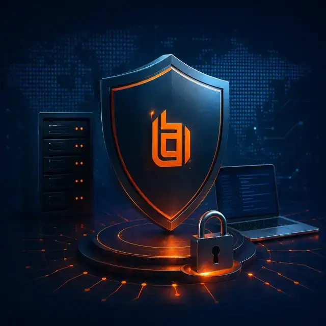 A large central shield, padlock, server, and laptop on a dark blue background with orange accents.