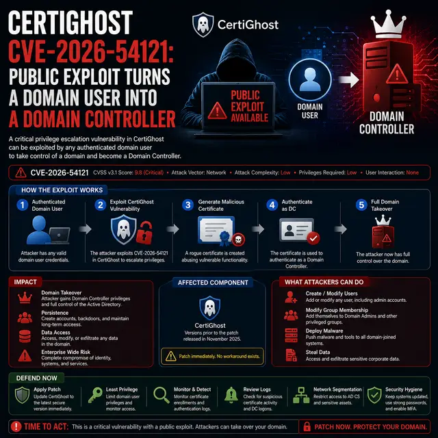 Certighost CVE-2026-54121 cybersecurity graphic showing how a public exploit can elevate an authenticated domain user to.