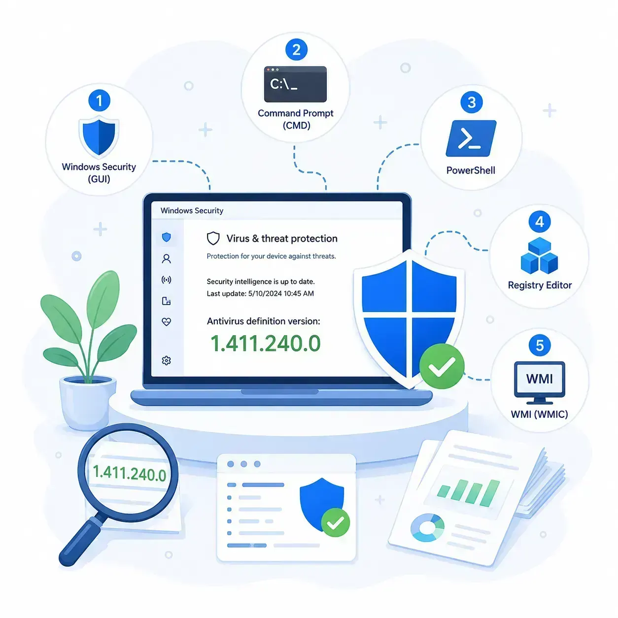 Microsoft Defender Antivirus on a laptop, with five connected methods for checking signature versions: Windows Security.
