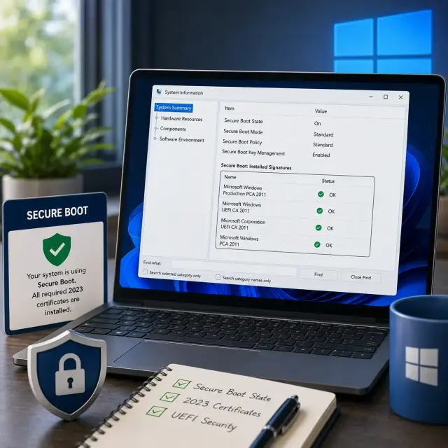 Windows Secure Boot enabled with the required 2023 certificates installed and verified on a Windows laptop.