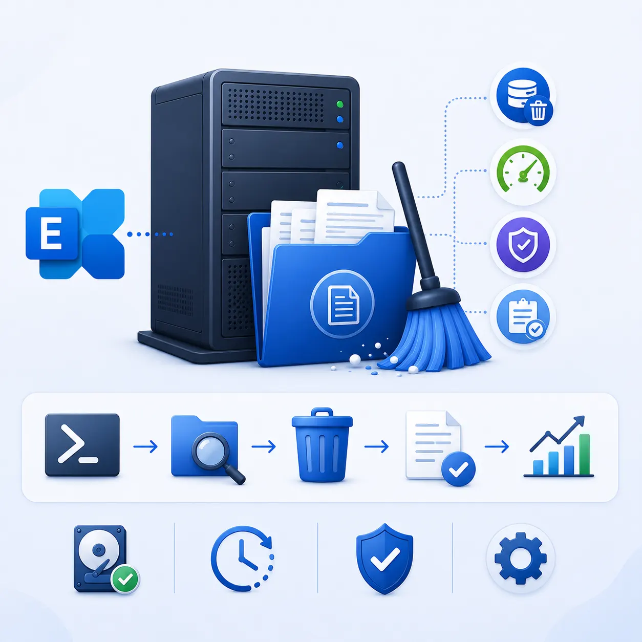 Exchange Server log cleanup with PowerShell, including log discovery, deletion, verification, scheduling, storage.