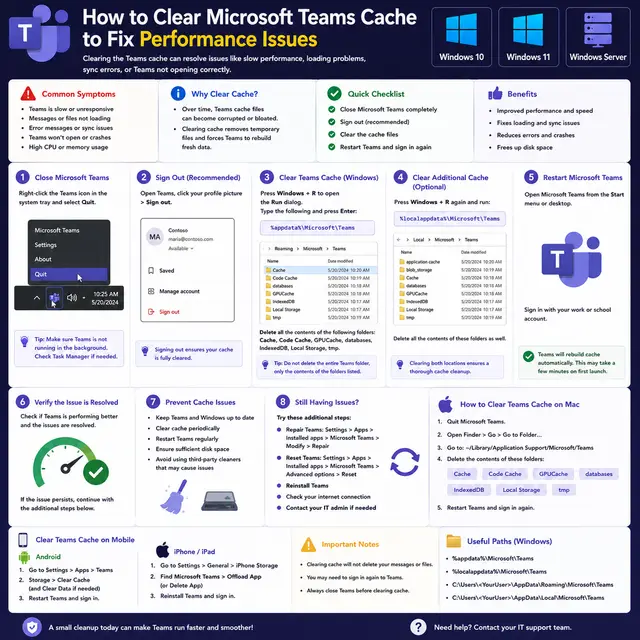 How to clear the Microsoft Teams cache to fix slow performance, loading errors, sync problems, crashes.