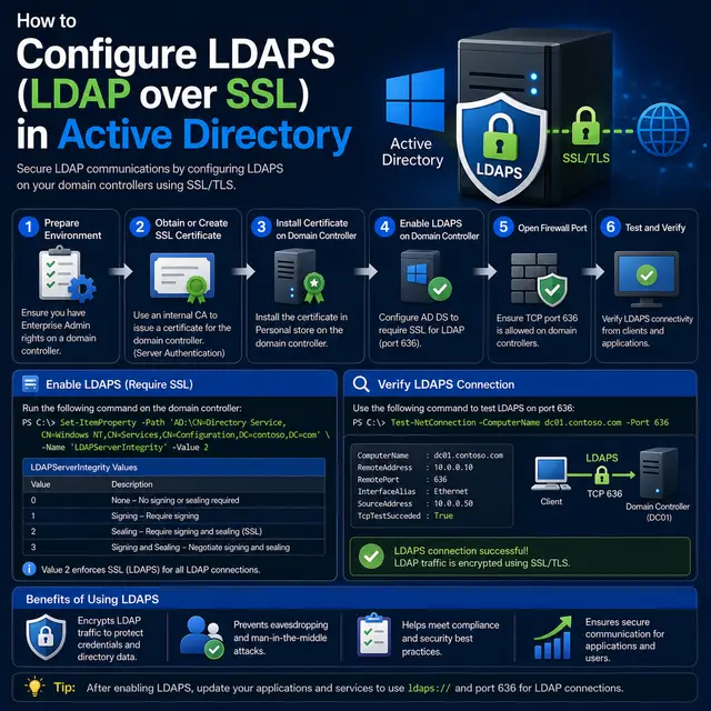 LDAPS configured in Active Directory with an SSL/TLS certificate, LDAP signing, firewall access on port 636.