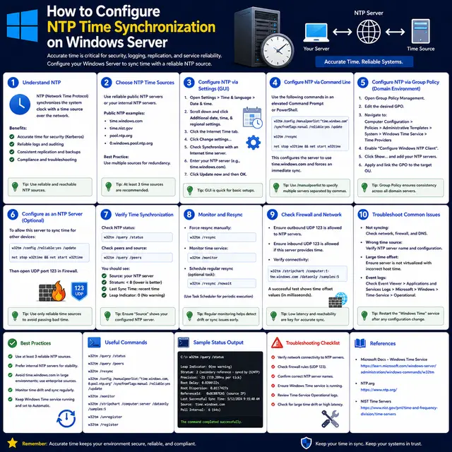 NTP time synchronization configured on Windows Server using GUI, command line, and Group Policy, with time sources.
