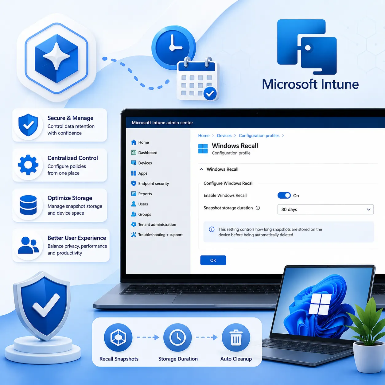 Windows Recall snapshot storage duration configured through Microsoft Intune, with retention scheduling, storage management.