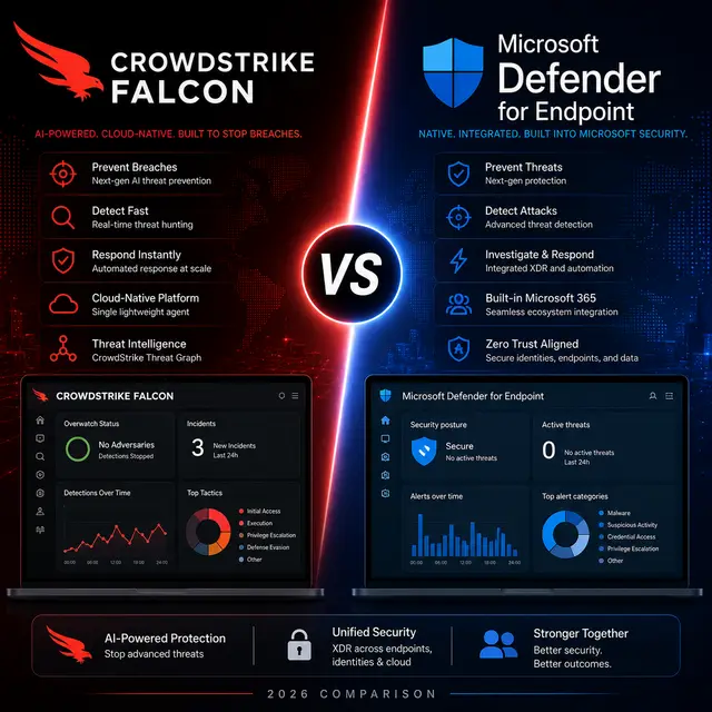 CrowdStrike Falcon and Microsoft Defender for Endpoint, with endpoint security dashboards, threat detection.
