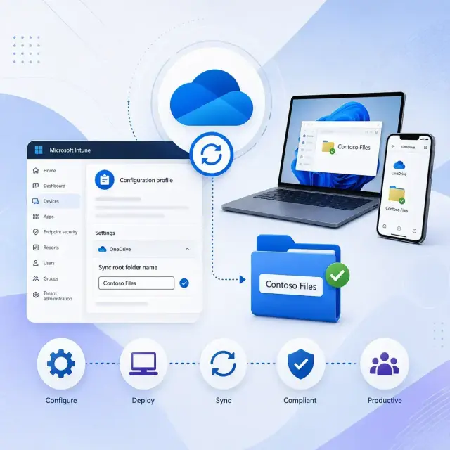 A custom OneDrive sync root folder name configured through Microsoft Intune and applied across Windows and mobile devices.