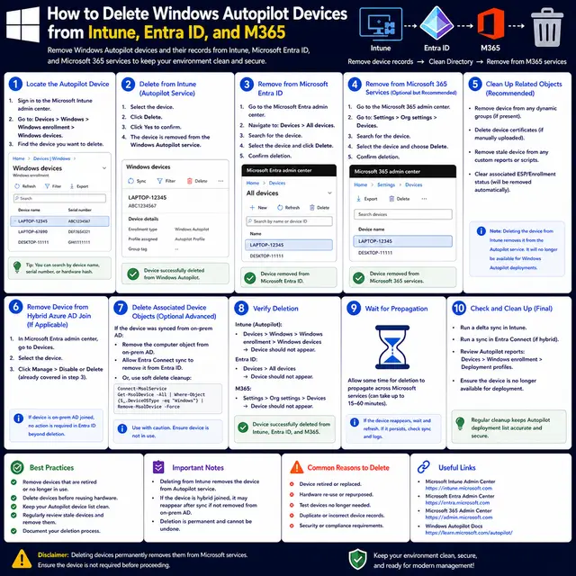 How to delete Windows Autopilot device records from Microsoft Intune, Microsoft Entra ID, and Microsoft 365, with cleanup.