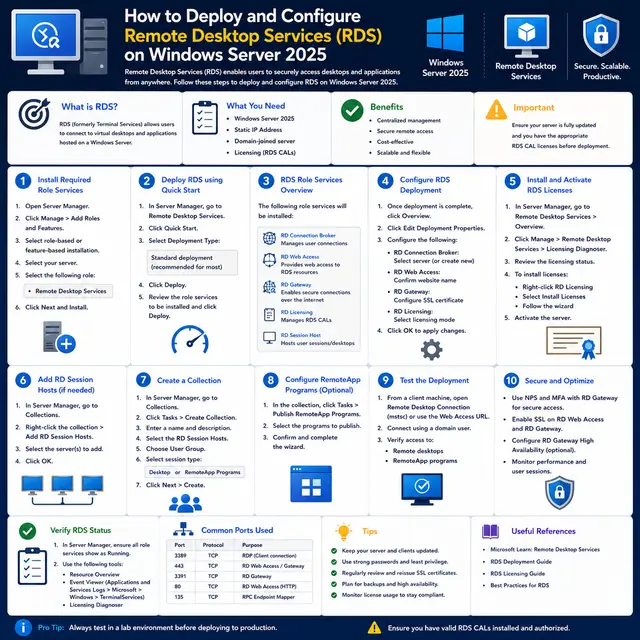 How to deploy and configure Remote Desktop Services on Windows Server 2025, including role installation, session hosts.