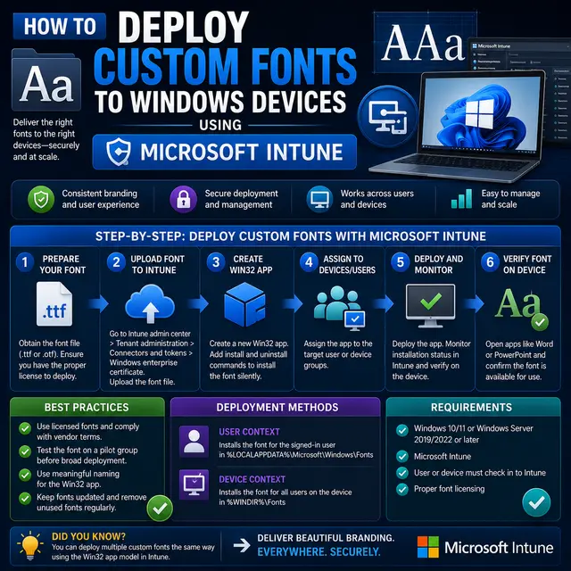 Custom font deployment to Windows devices through Microsoft Intune, with font files, Win32 app packaging.