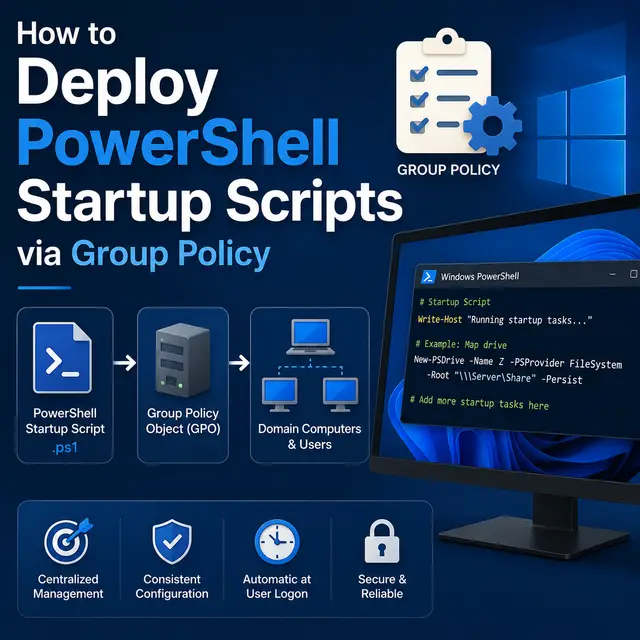 How to deploy PowerShell startup scripts through Group Policy, including SYSVOL storage, GPO creation, script assignment.